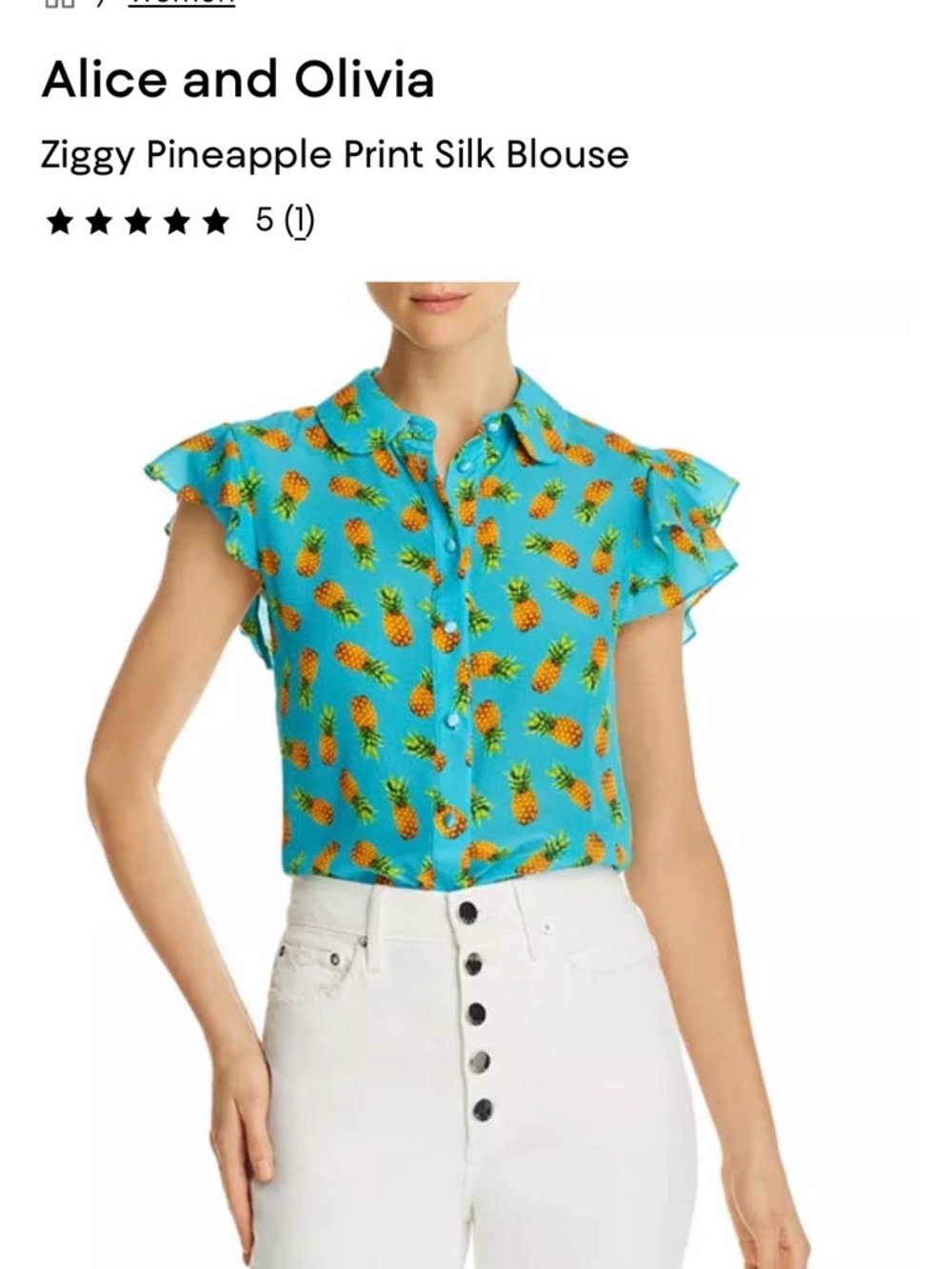 Alice + Olivia Bright Turquoise Pineapple Print Silk Blouse XS